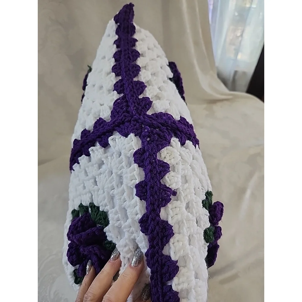 NEW, Hand Crochet Granny Square Throw Pillow Purple White 20